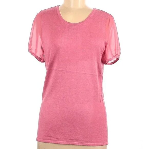 WHITE HOUSE BLACK MARKET WHBM Woven Short Sleeve Top Pink Mixed Media Knit Work - Picture 4 of 14
